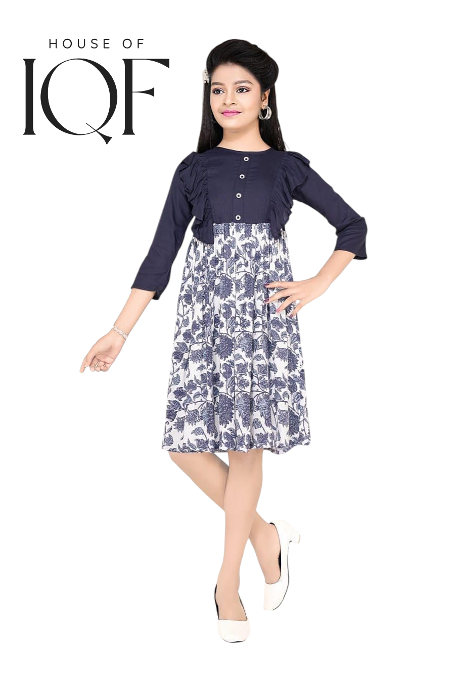 Printed Cotton Frock 1004 Navy Blue