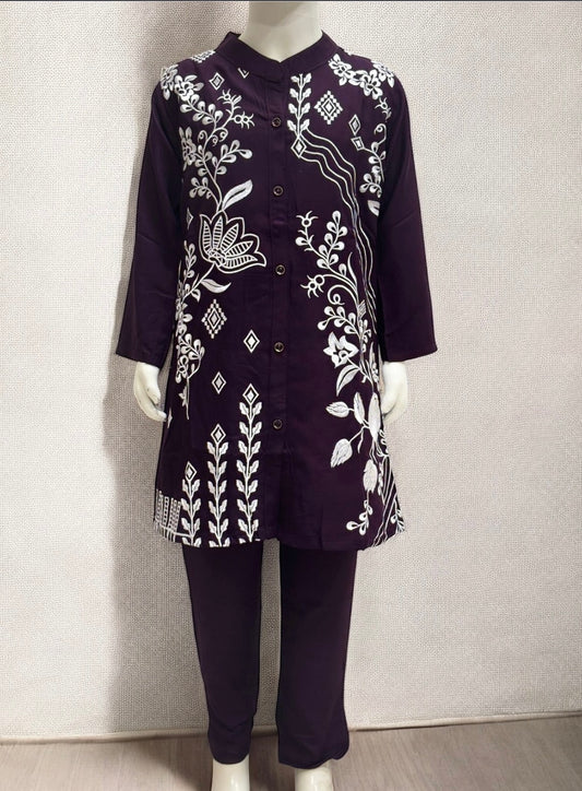 Embroidery Cotton Kurti Set 1021 Wine