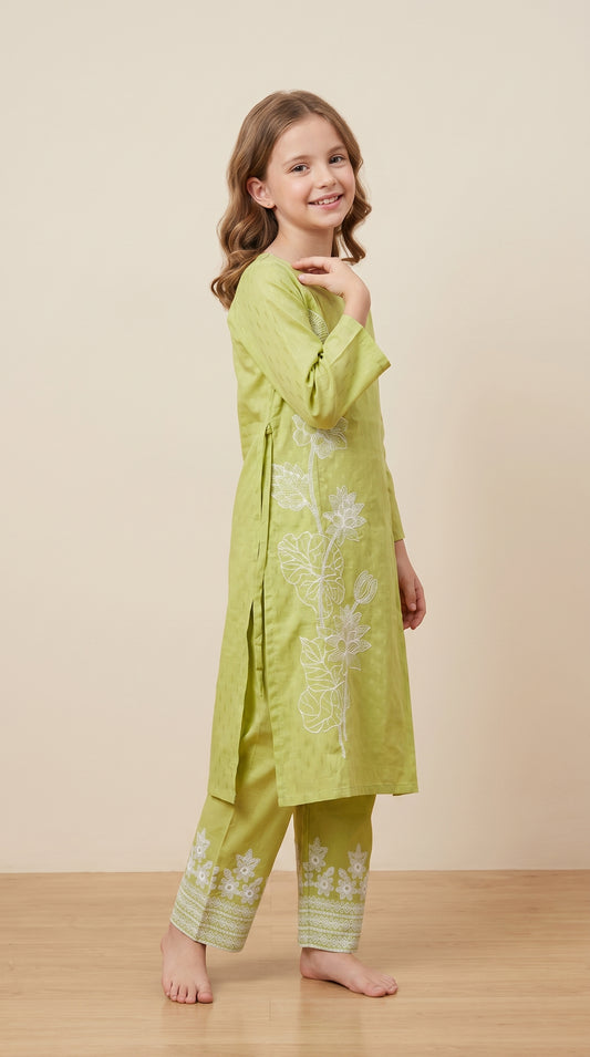 Cotton Embroidery Kurti Set 1590 Green
