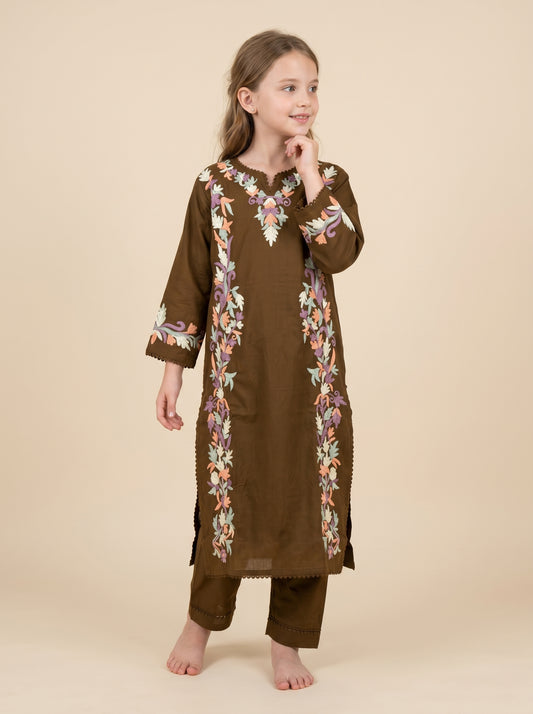 Cotton Embroidery Kurti Set 1597 Brown