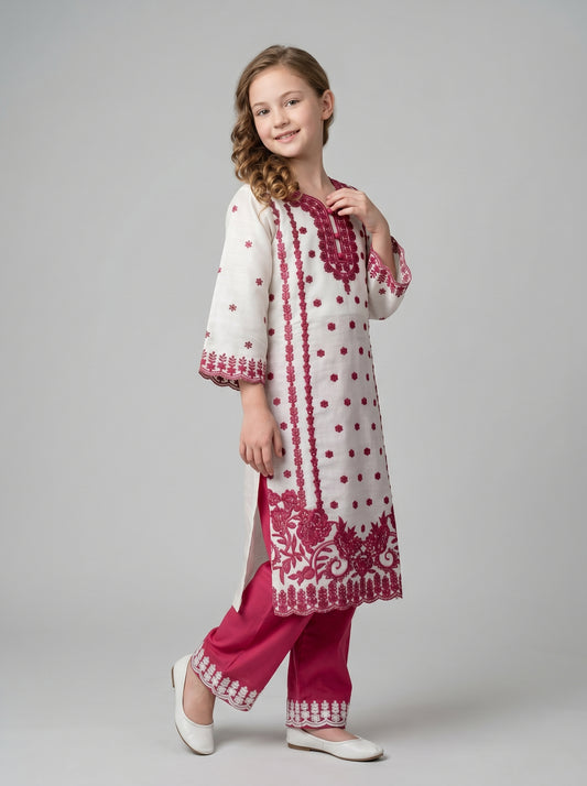 Cotton Embroidery Kurti Set 1600 White