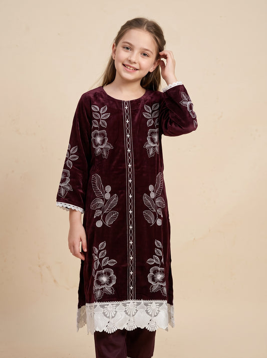 Cotton Embroidery Kurti Set 1628 Wine