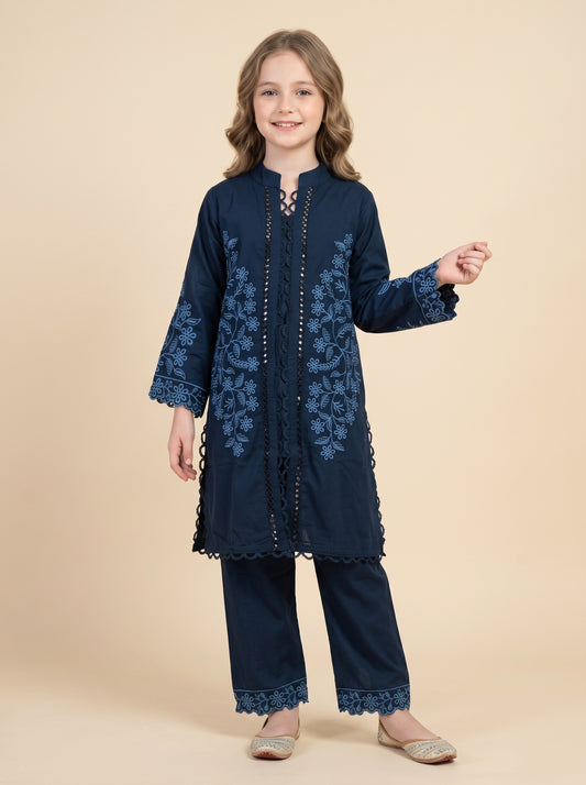 Cotton Embroidery Lace Work Kurti Set 1644 Blue