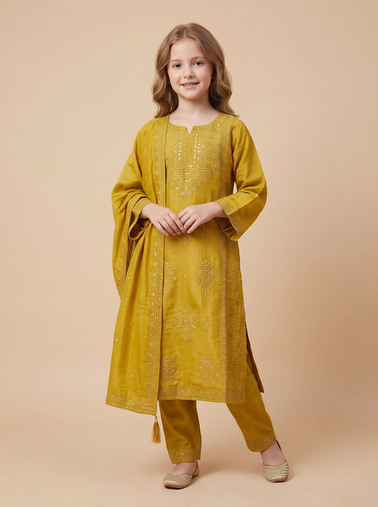 Cotton Embroidery Kurti Set 1647 Yellow
