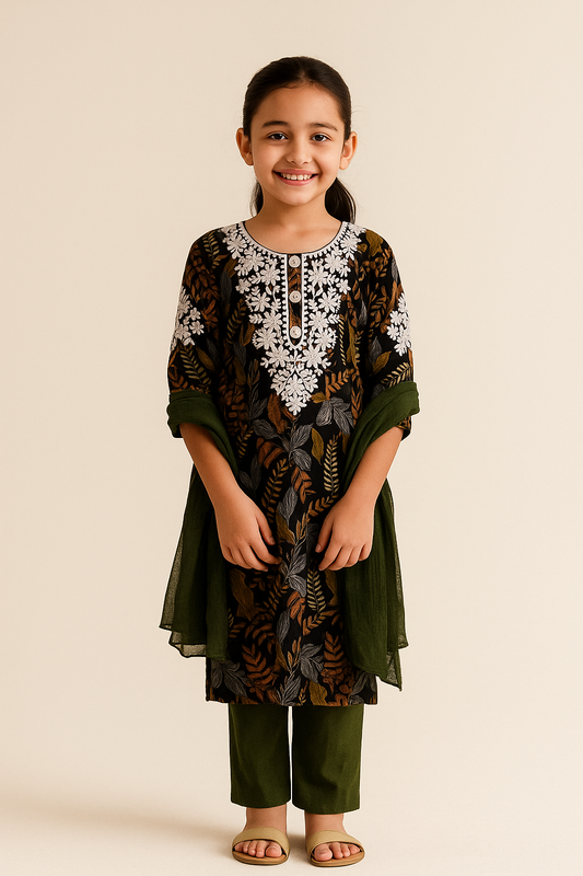 Lucknowi Cotton Kurti Set 1014 Black