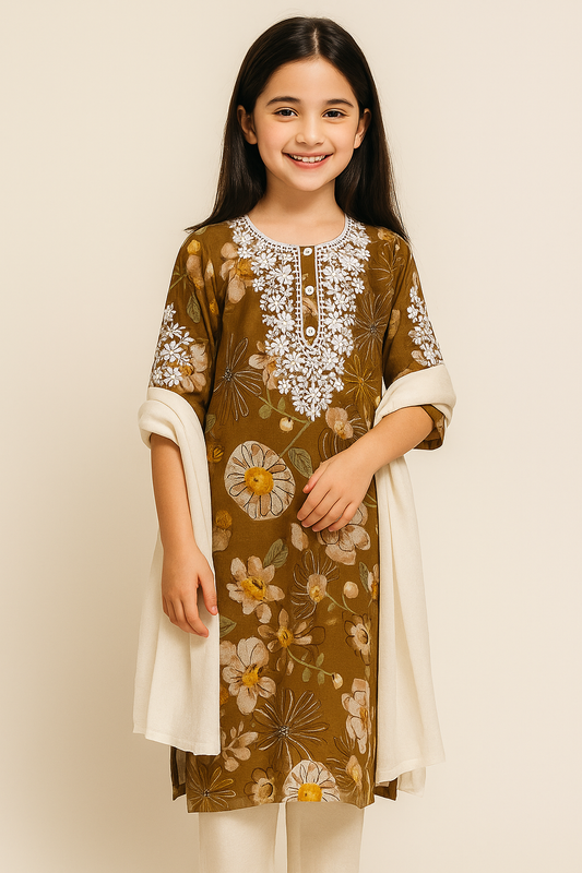 Lucknowi Cotton Kurti Set 1015 Brown