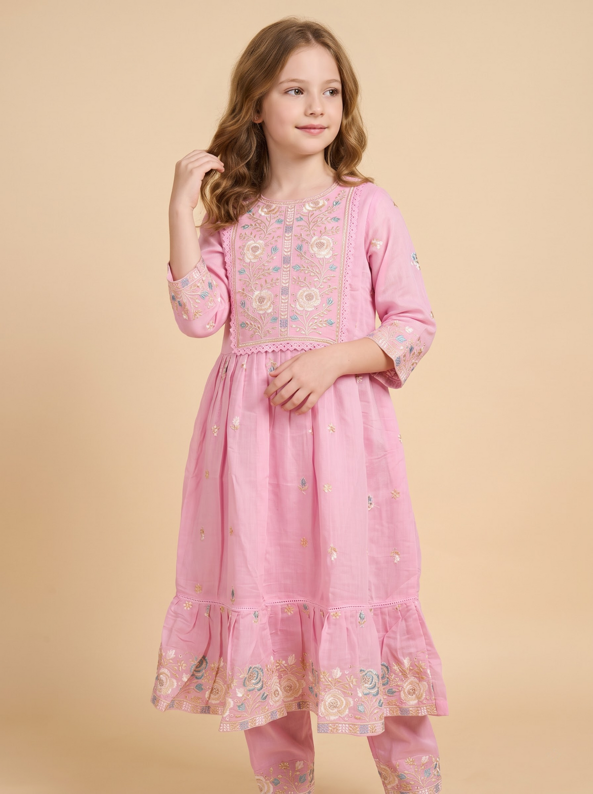 Pink cotton embroidery gown set for girls