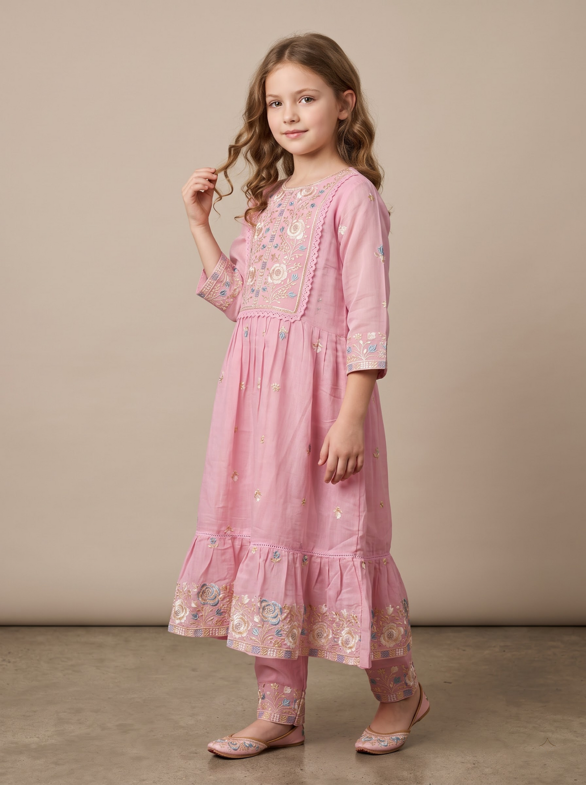 Pink embroidered gown set side view for girls