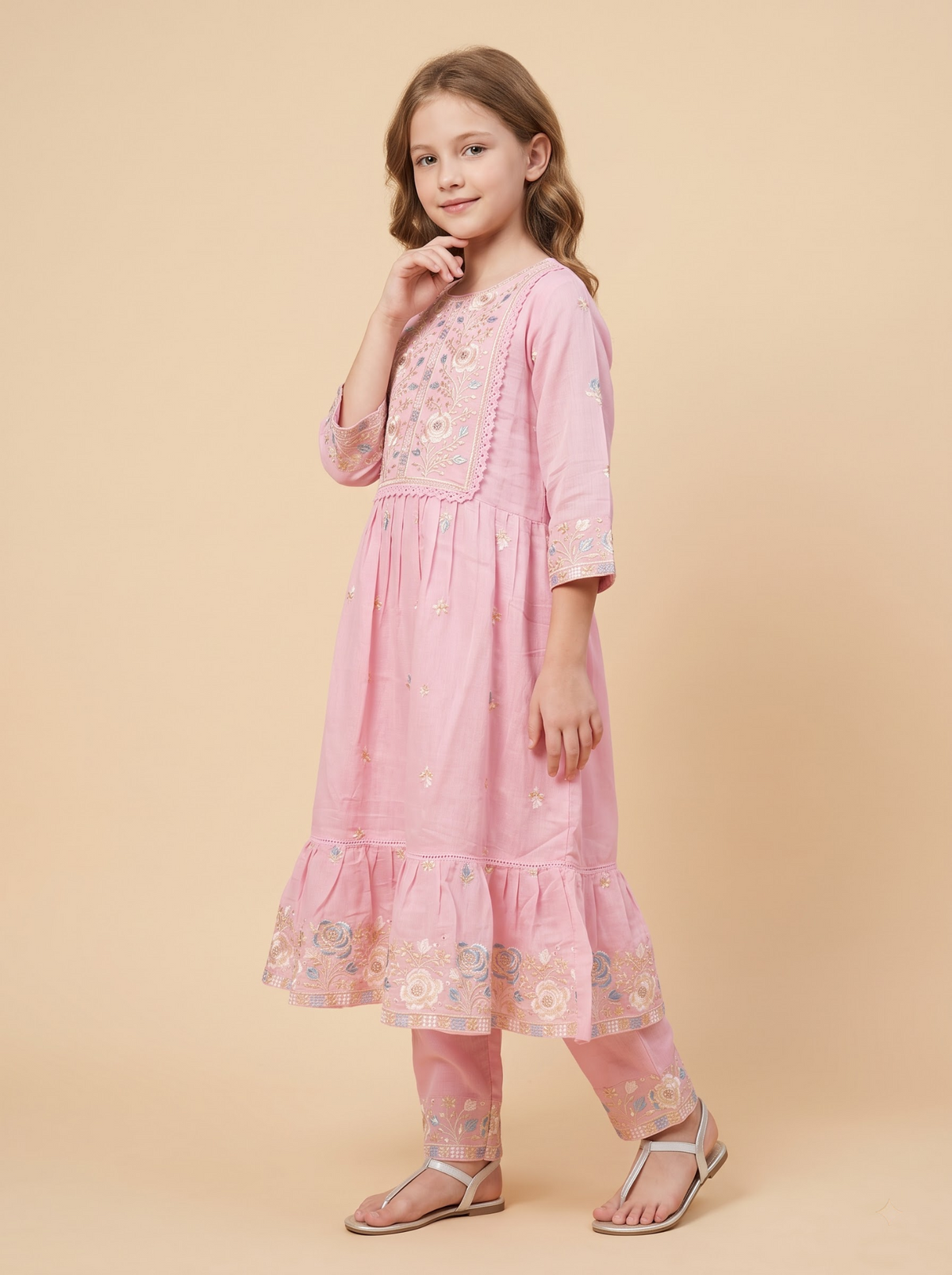 Pink cotton embroidery gown set full view