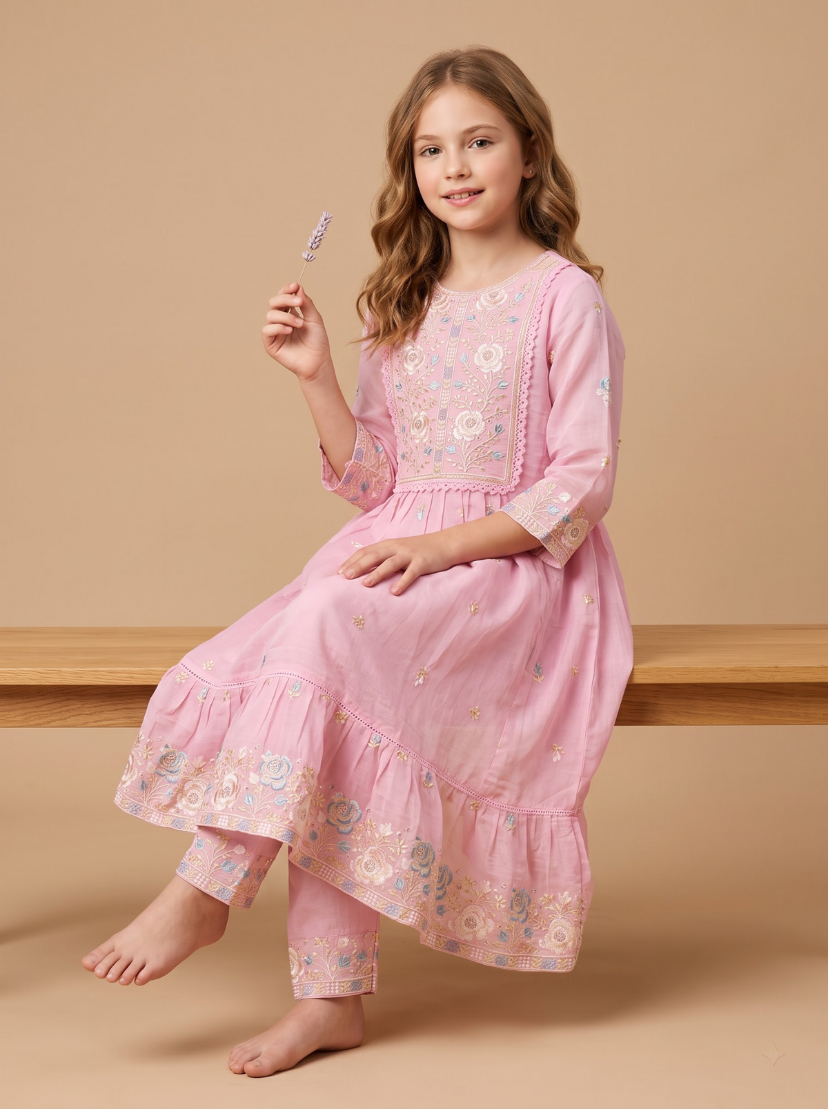Pink cotton embroidery gown set detail view