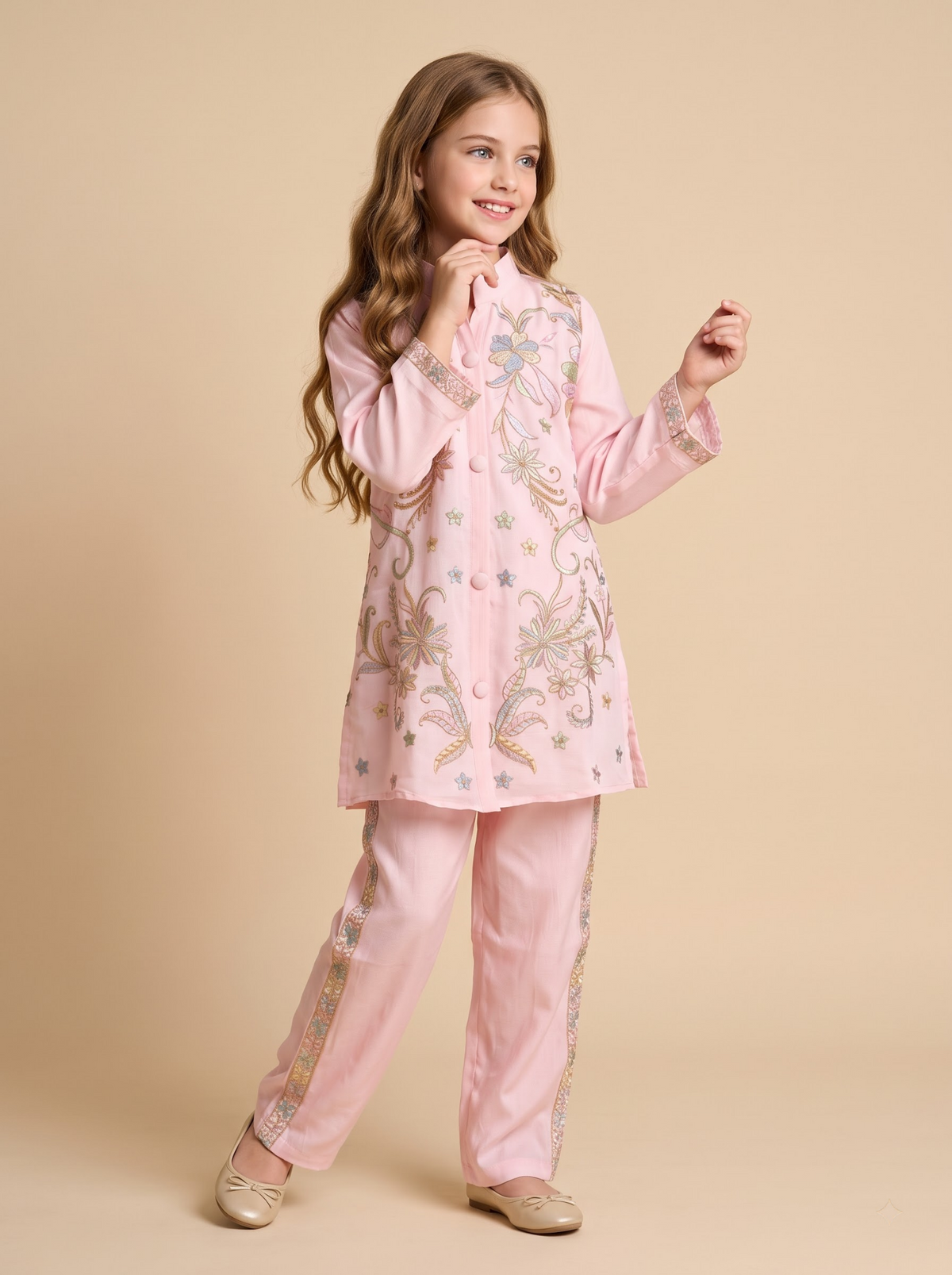 Girls pink cotton embroidery cord set front view