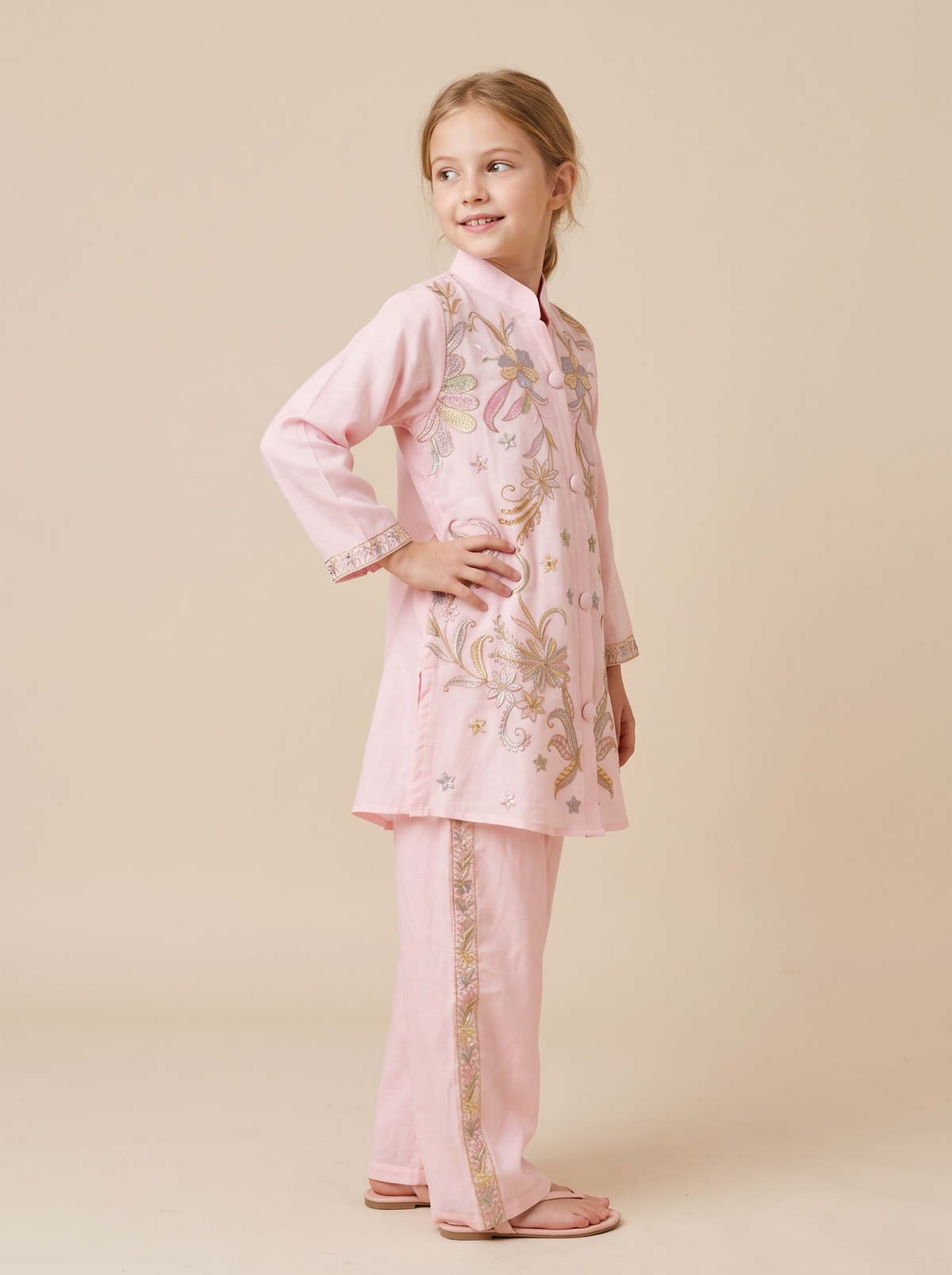 Girls pink cotton embroidery cord set side view