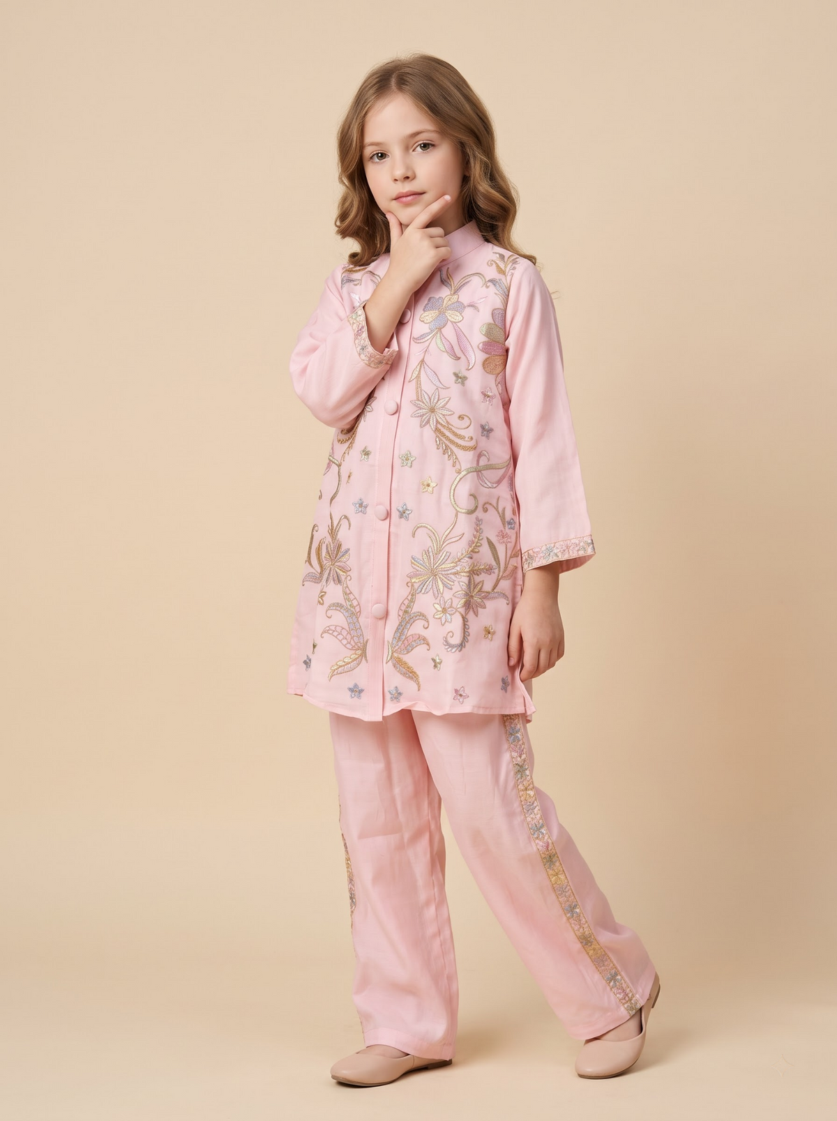 Girls pink cotton embroidery cord set full view