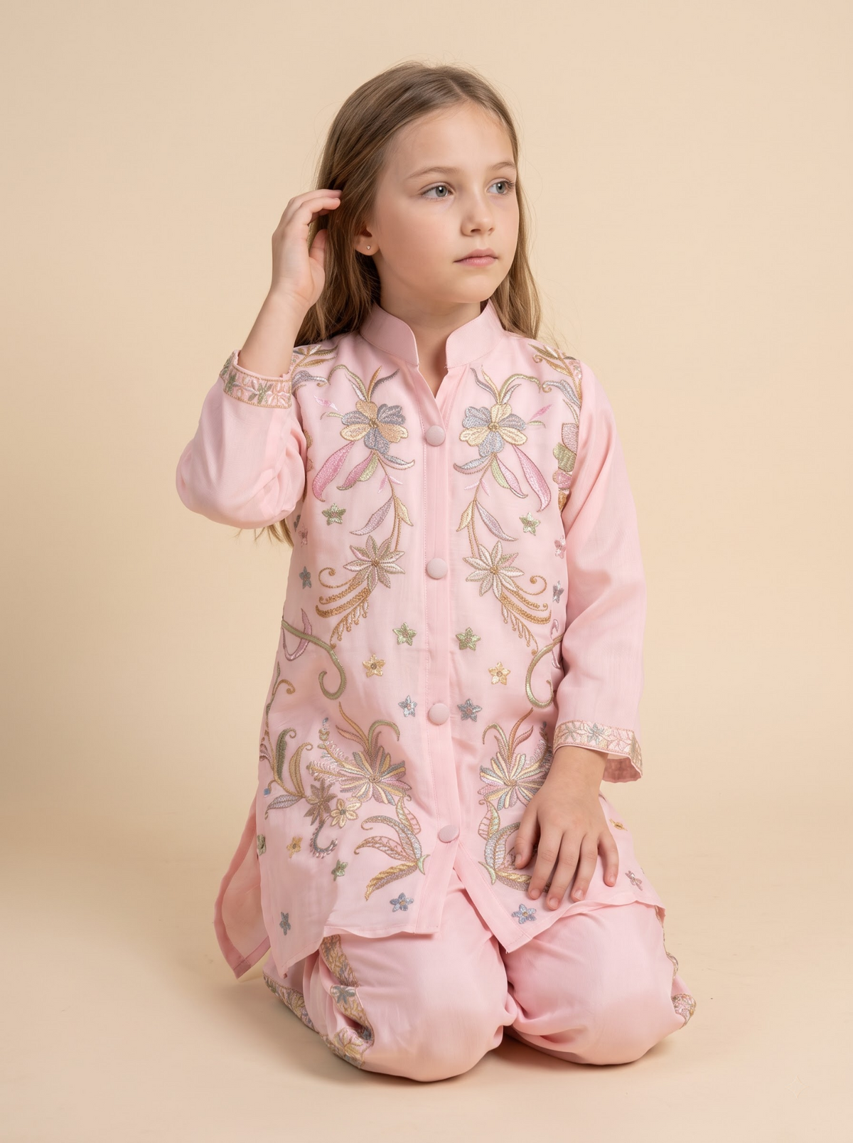 Girls pink cotton embroidery cord set detailed front view