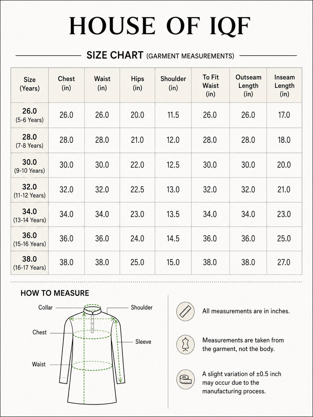 House of IQF girls cotton cord set size chart