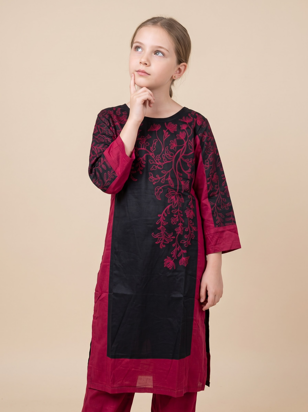 Cotton embroidery kurti set for girls in maroon and black