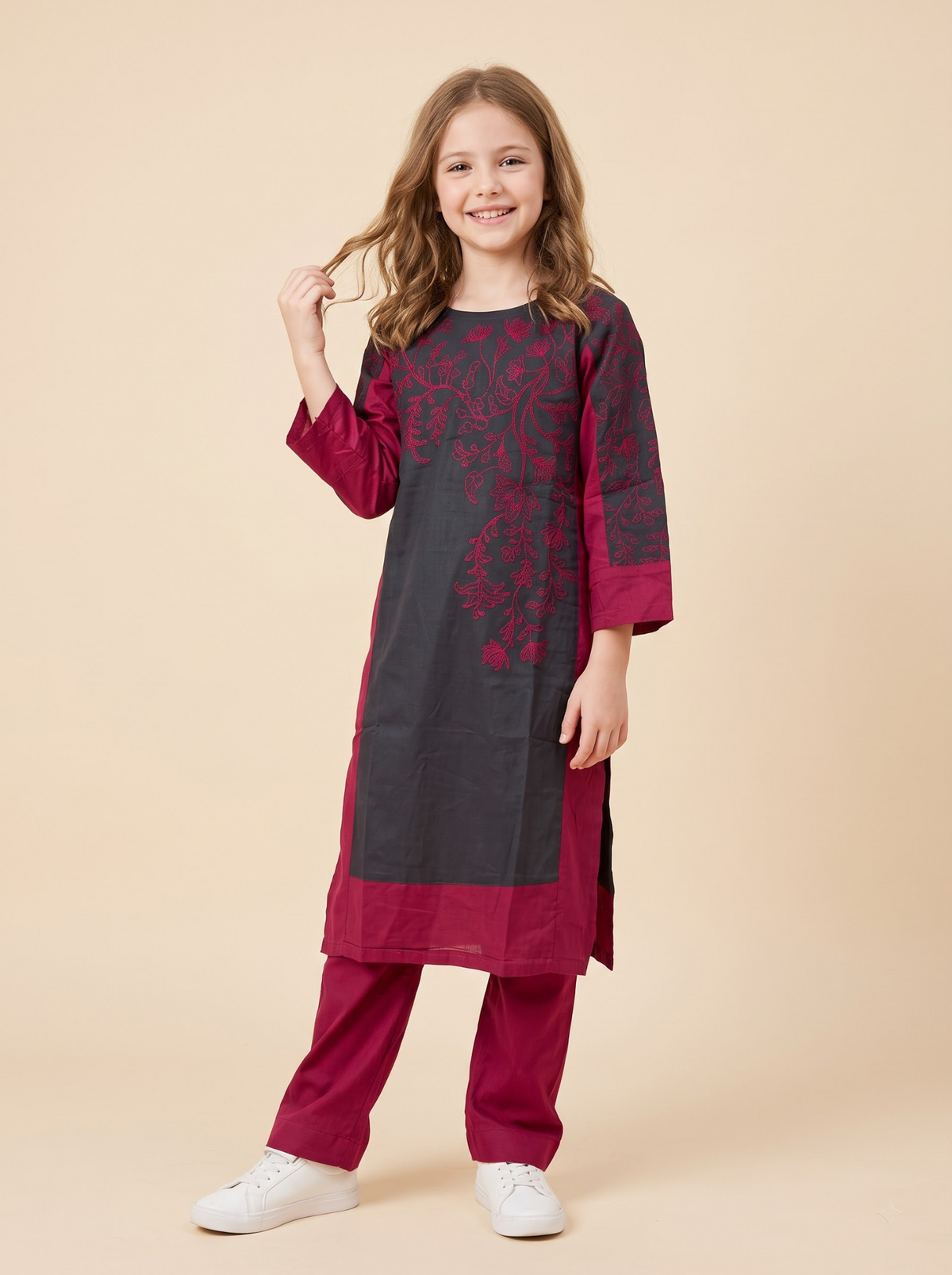 Maroon and black cotton embroidery kurti set for girls