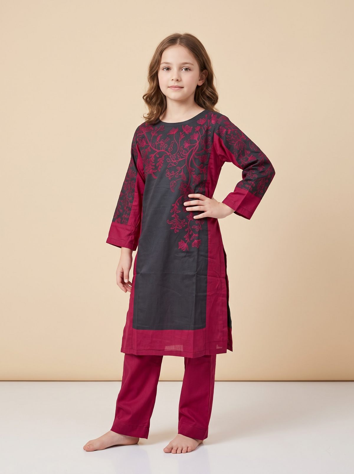 Side view of maroon and black cotton embroidery kurti set