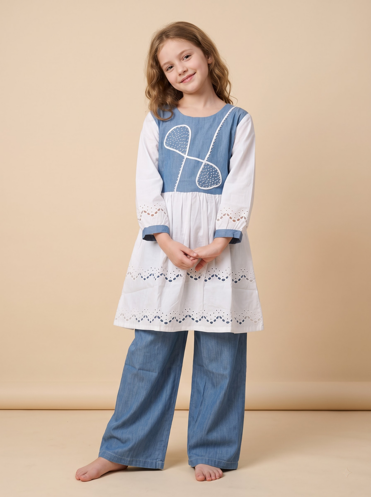 Light blue cotton denim pearl work frock set back view