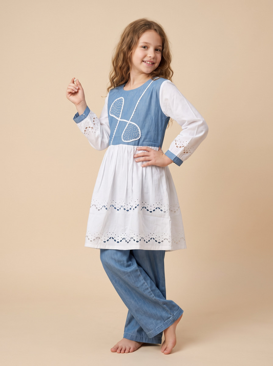 House of IQF light blue cotton denim pearl work frock set for girls