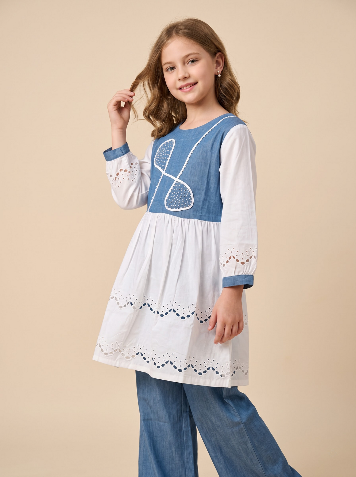 Light blue cotton denim pearl work frock set side view