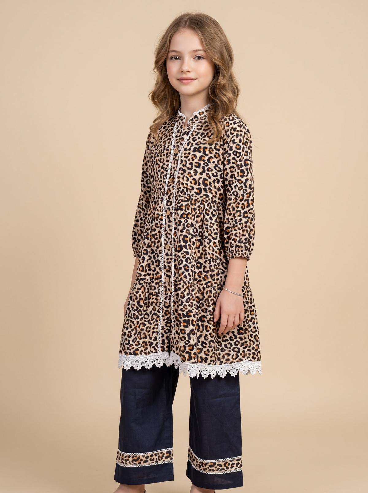 Girls black cotton printed lace work frock set front view