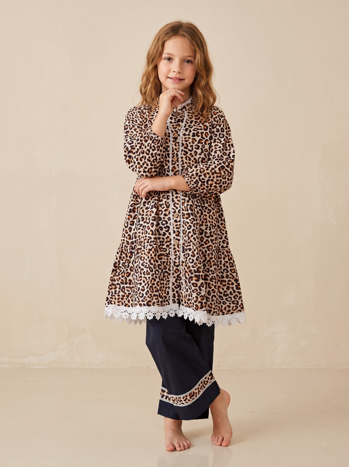 Girls black cotton printed lace work frock set