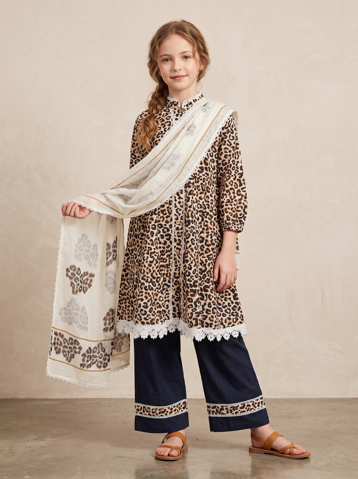 Girls black cotton printed lace work frock set with dupatta