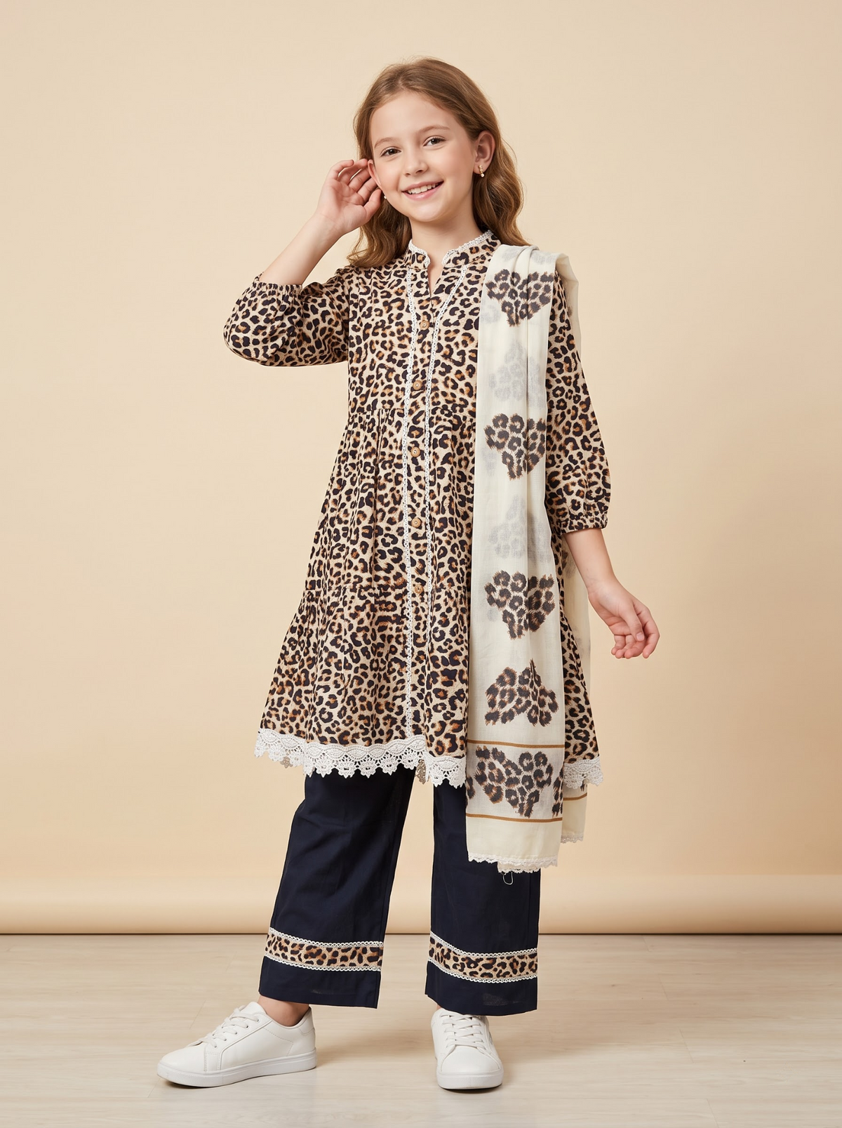 Girls black cotton printed lace work frock set full look