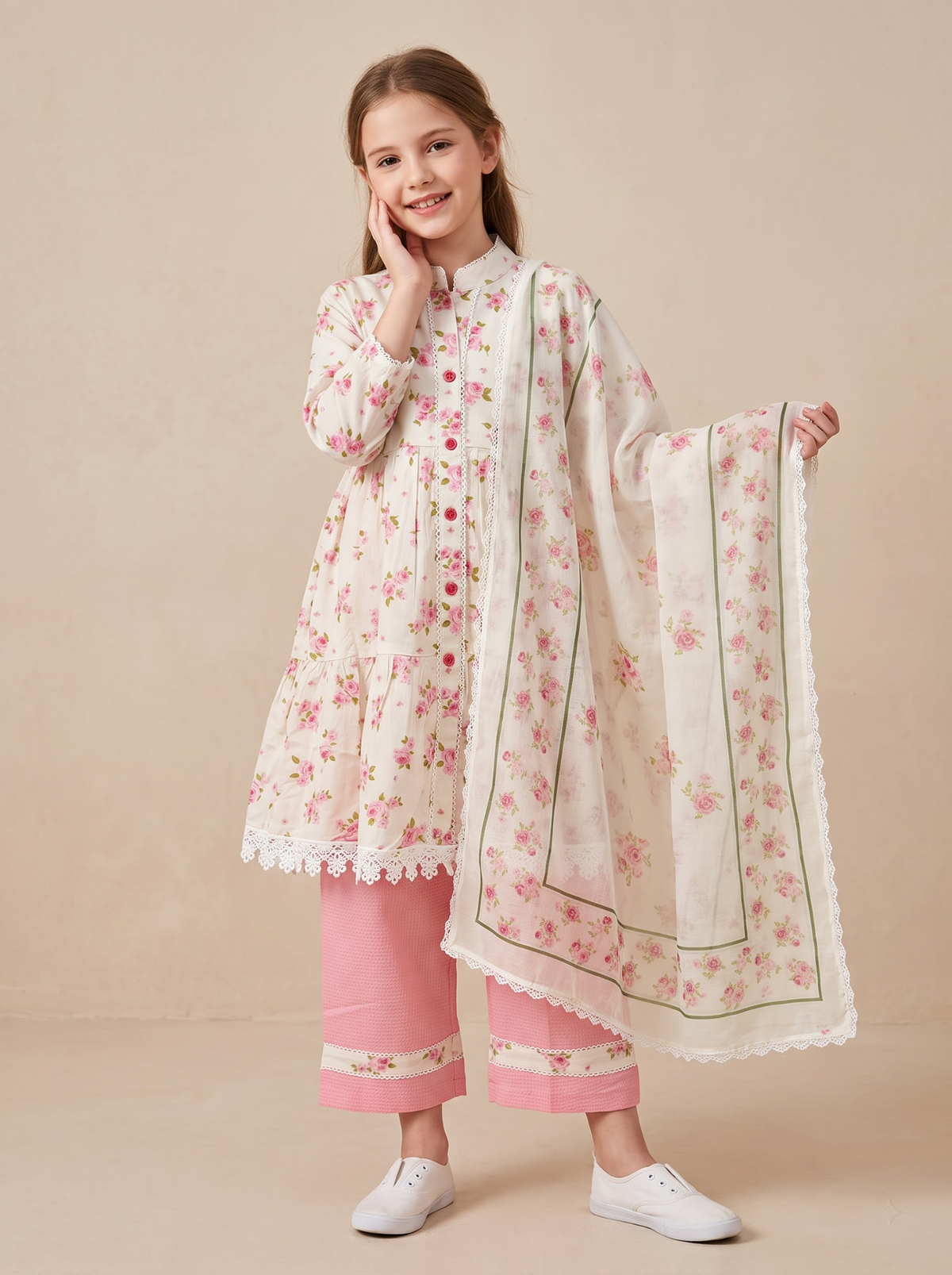 Girls pink cotton printed lace work frock set with floral print and lace detailing