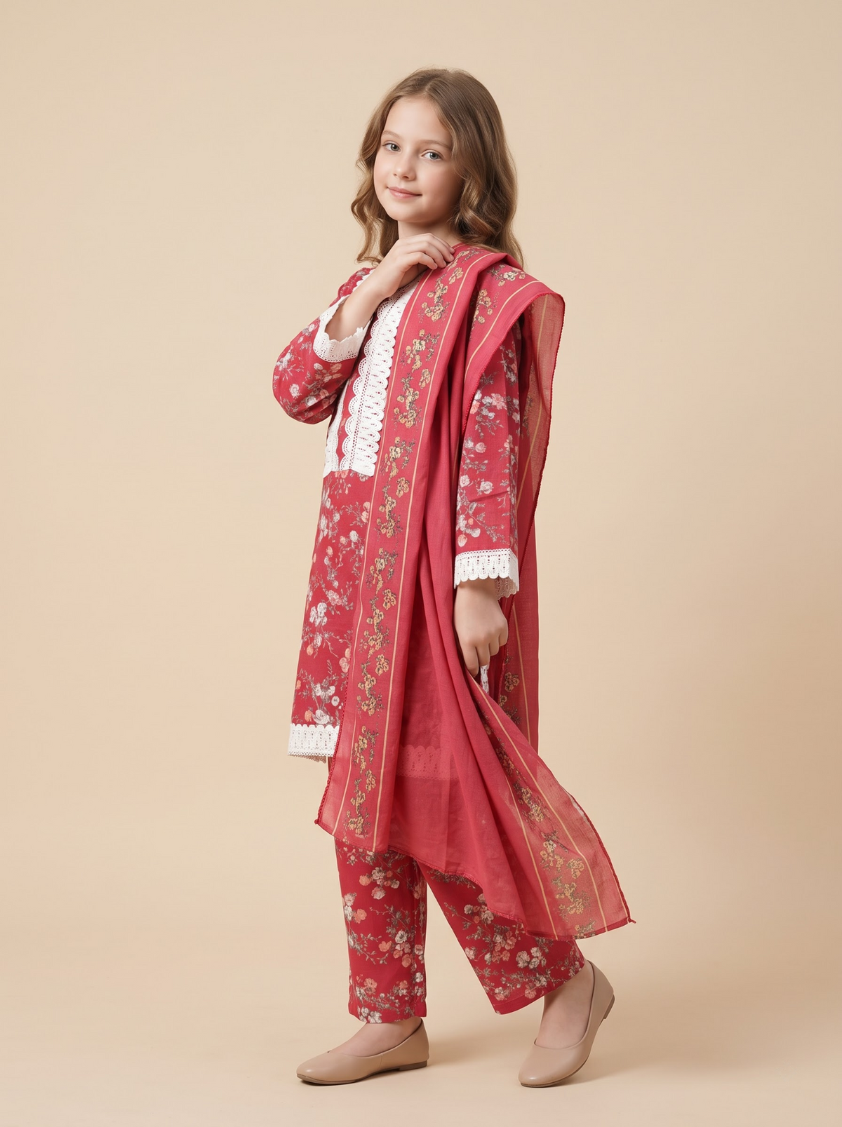 Girls red cotton printed lace work kurti set 1764 Red