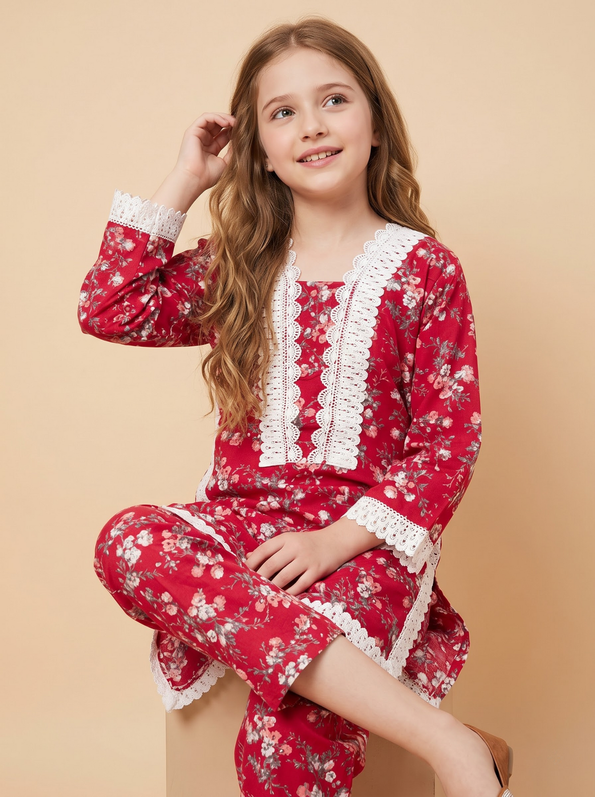 Girls red cotton printed lace work kurti set 1764 Red seated view
