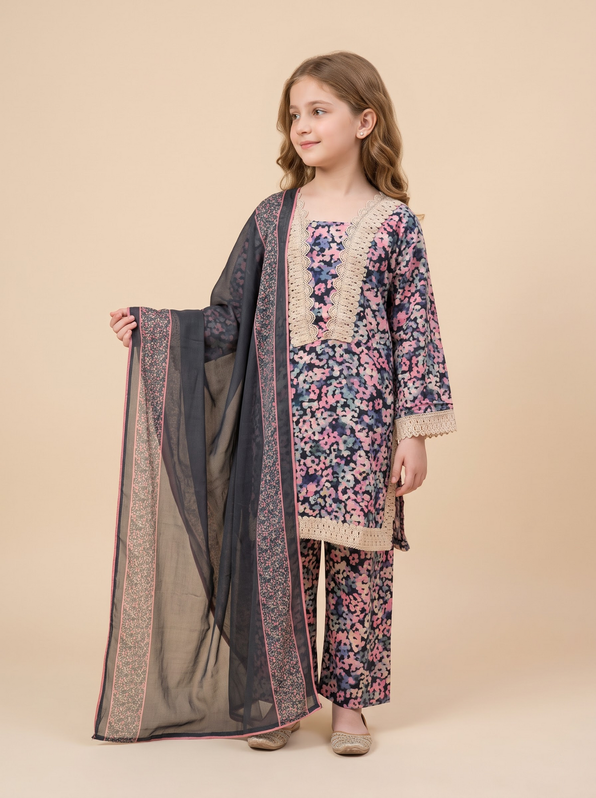 Girls blue cotton printed lace work set 1765 Blue