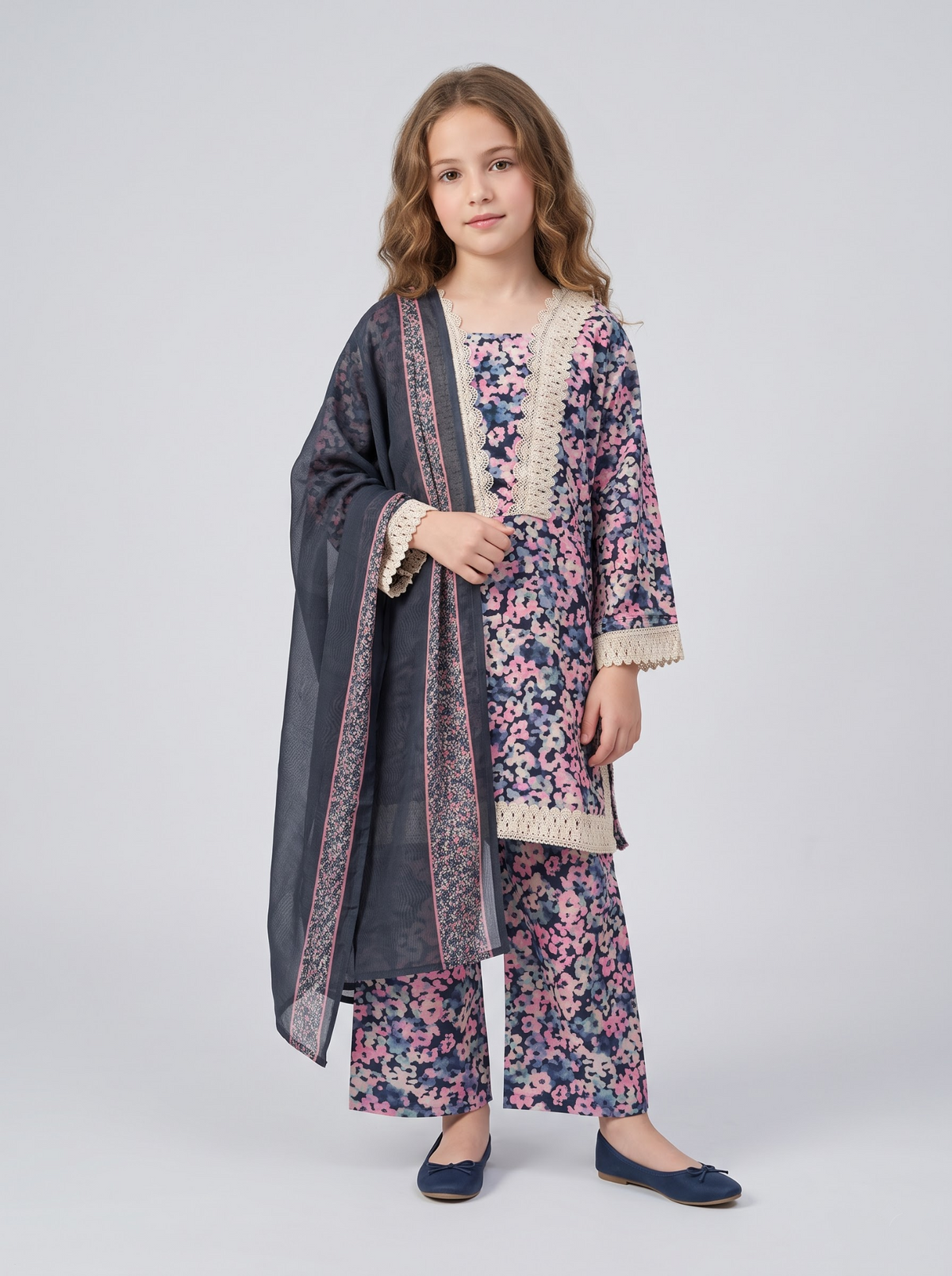 Girls blue cotton printed lace work set 1765 Blue front view