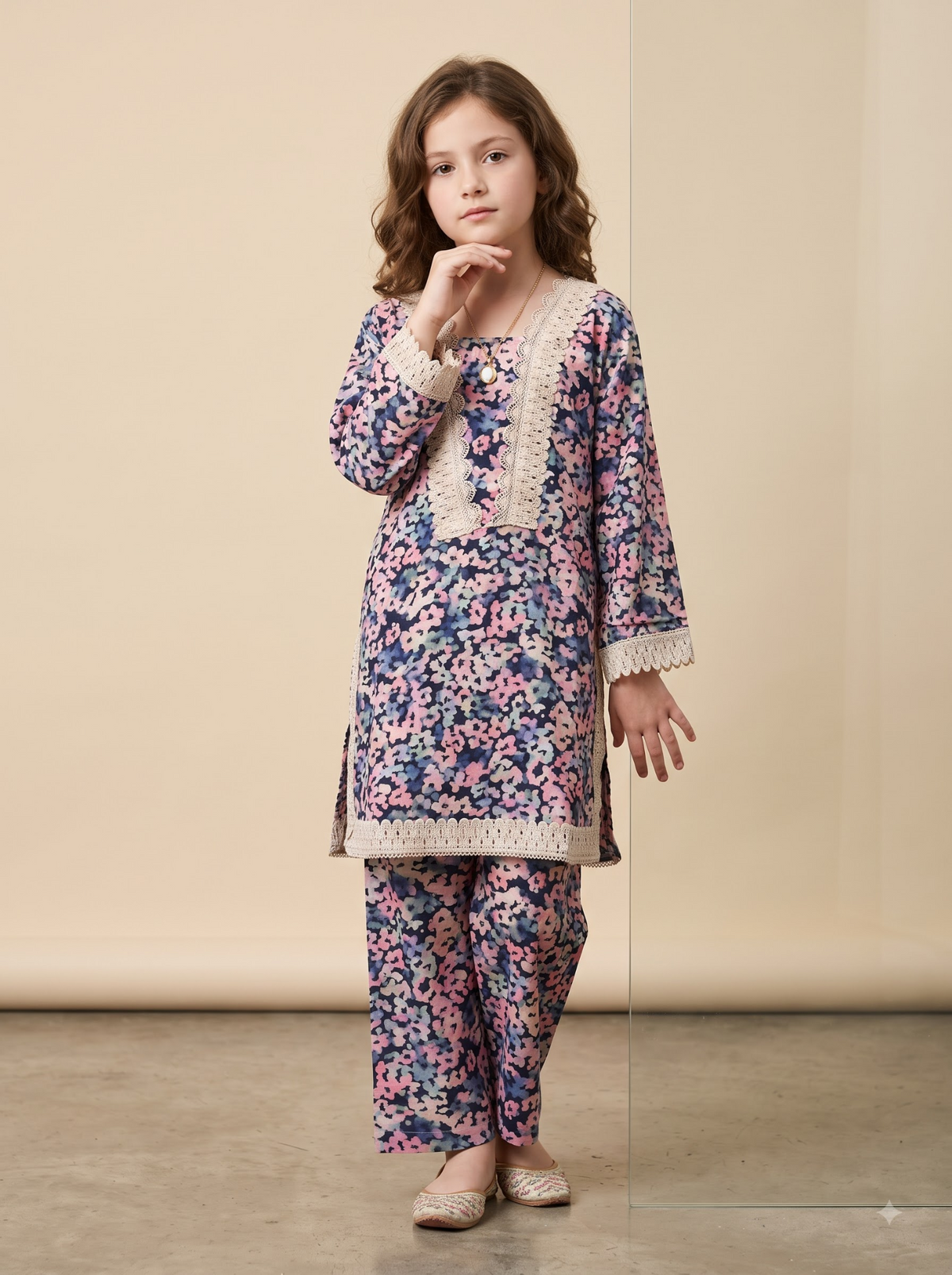 Girls blue cotton printed lace work outfit 1765 Blue