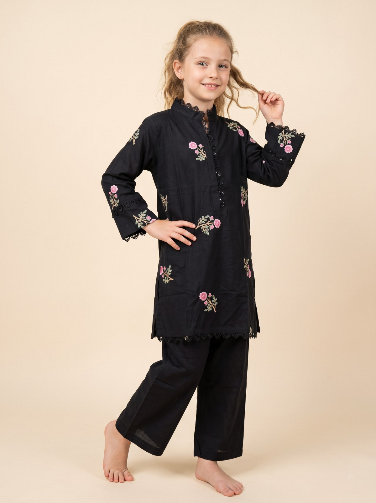 Girls black cotton printed lace work frock set 1767 Black front pose