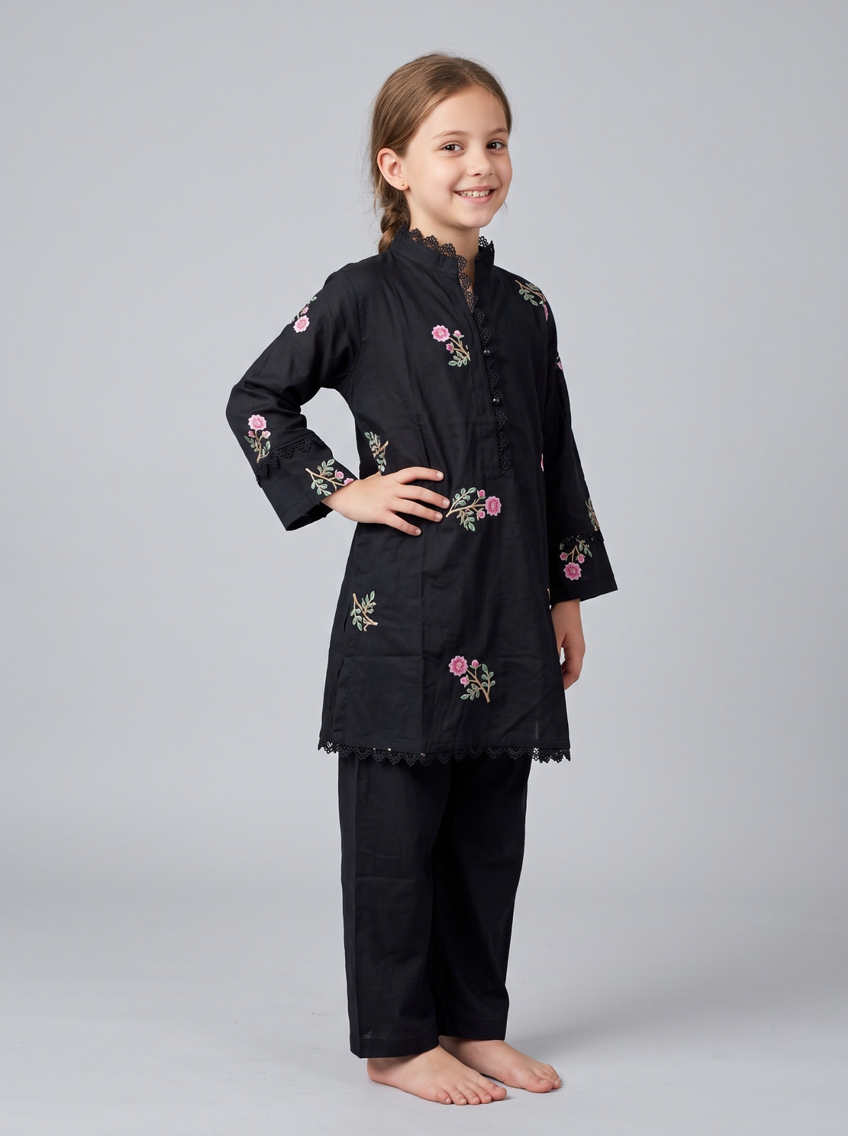 Girls black cotton printed lace work frock set 1767 Black studio pose