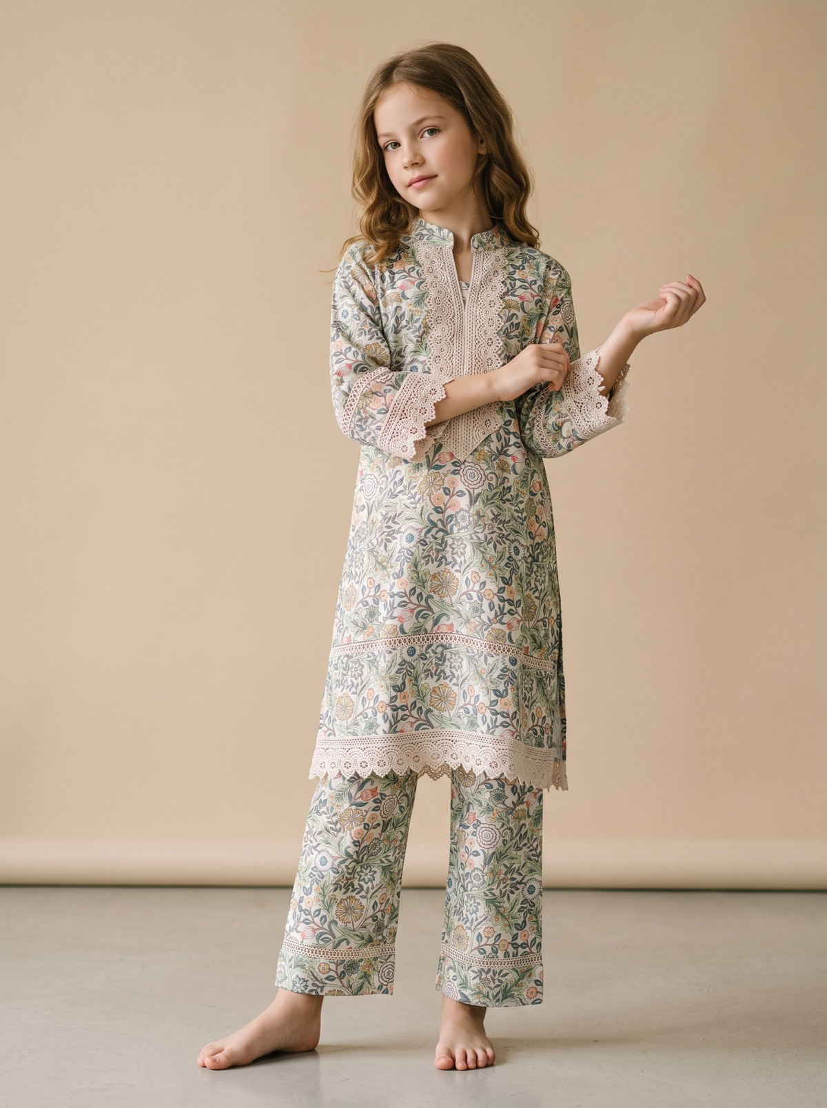 Girls cream cotton printed lace work kurti set 1768 Cream