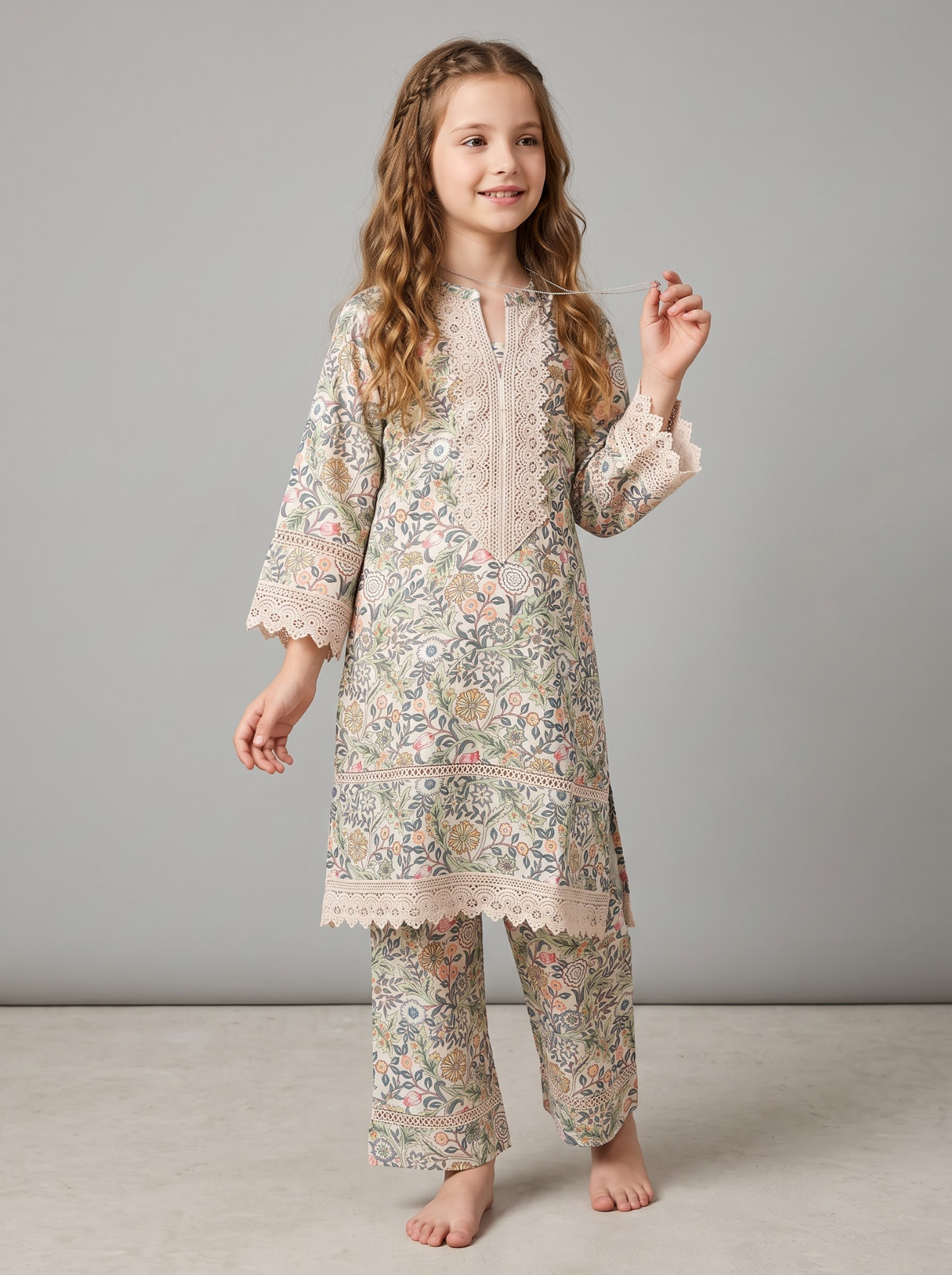 Girls cream cotton printed lace work kurti set 1768 Cream front view