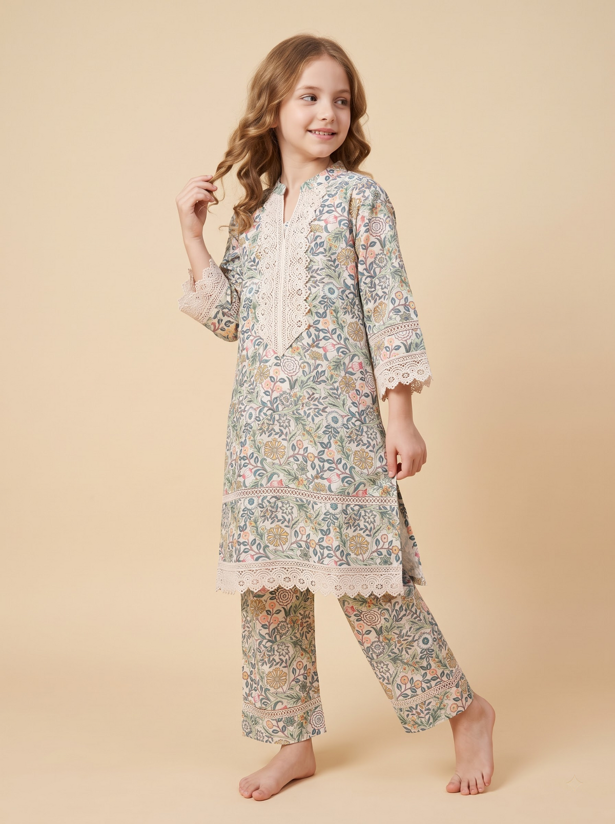 Girls cream printed lace work kurti set 1768 Cream side pose