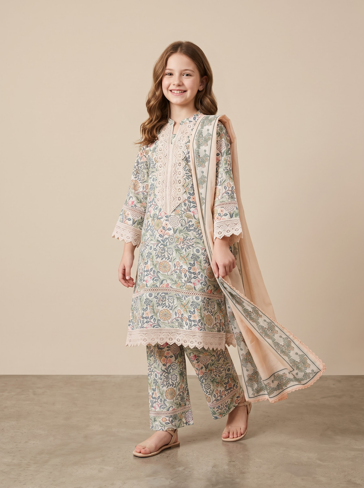 Girls cream printed kurti set with dupatta 1768 Cream