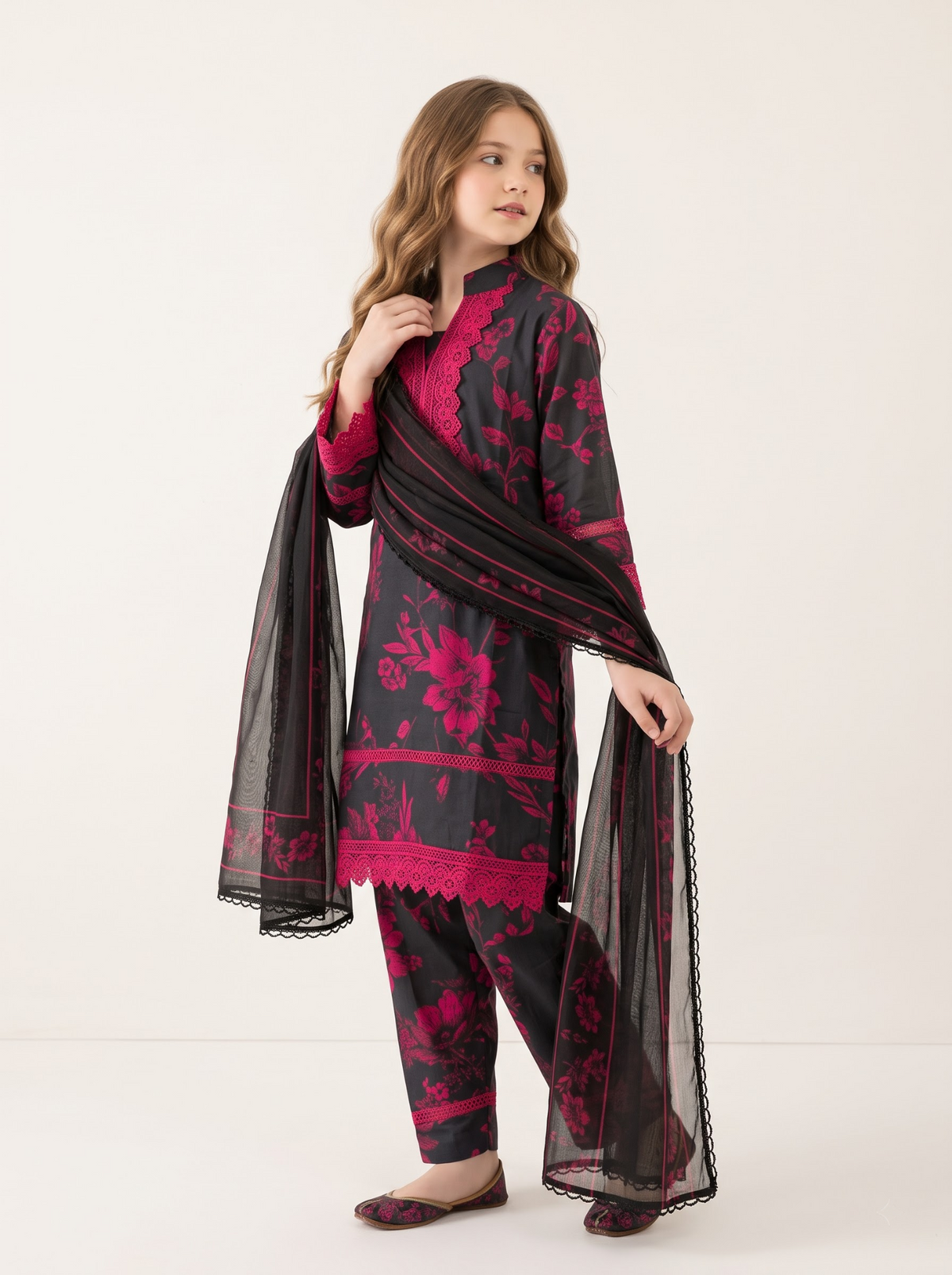 Girls black and red cotton printed lace work frock set 1769 Black dupatta pose