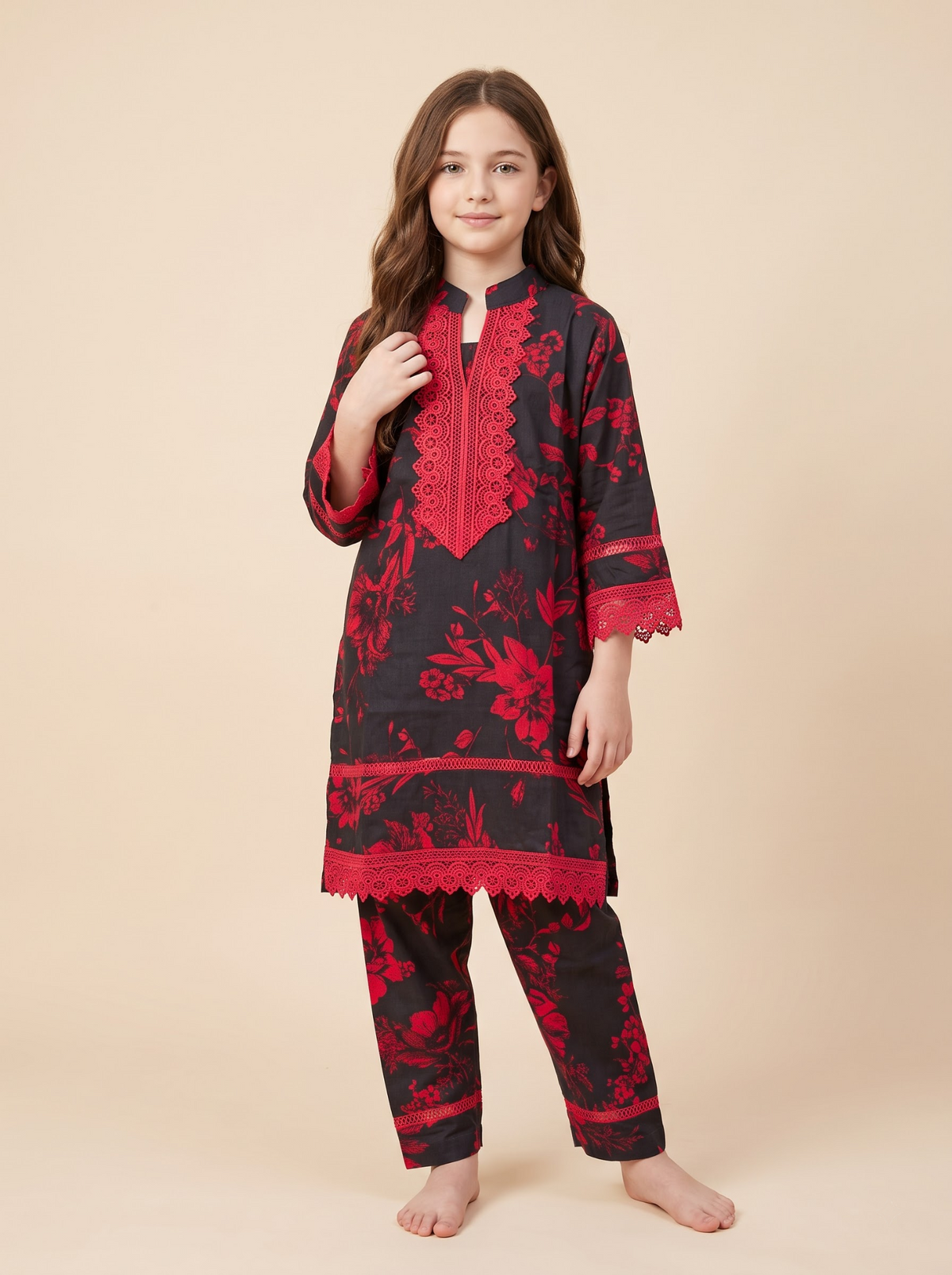 Girls black and red cotton printed lace work frock set 1769 Black full front pose