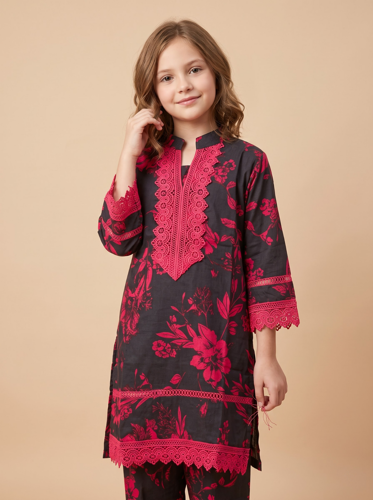 Girls black and red cotton printed lace work frock set 1769 Black close-up