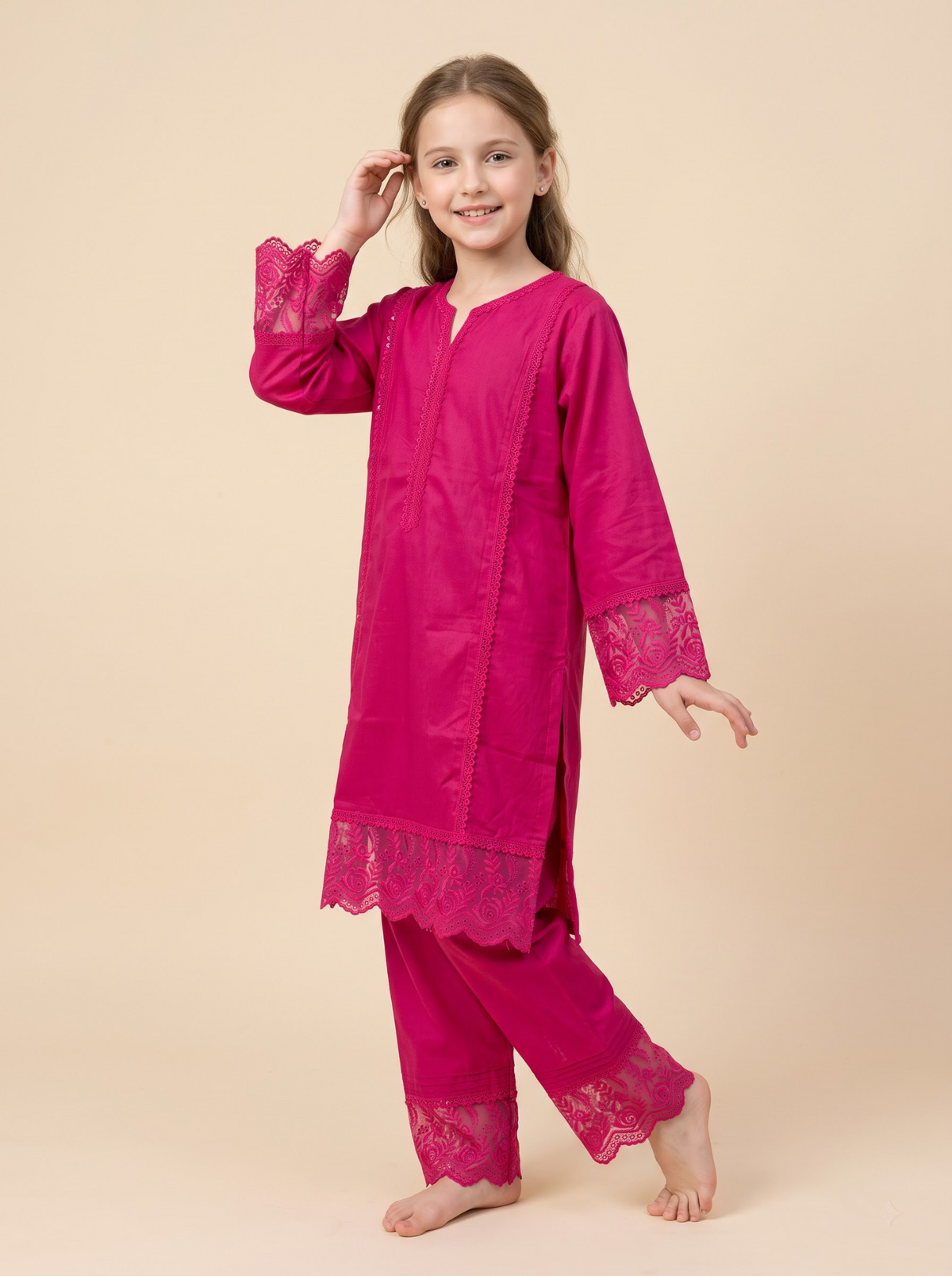Girls red cotton lace work kurti set 1770 Red