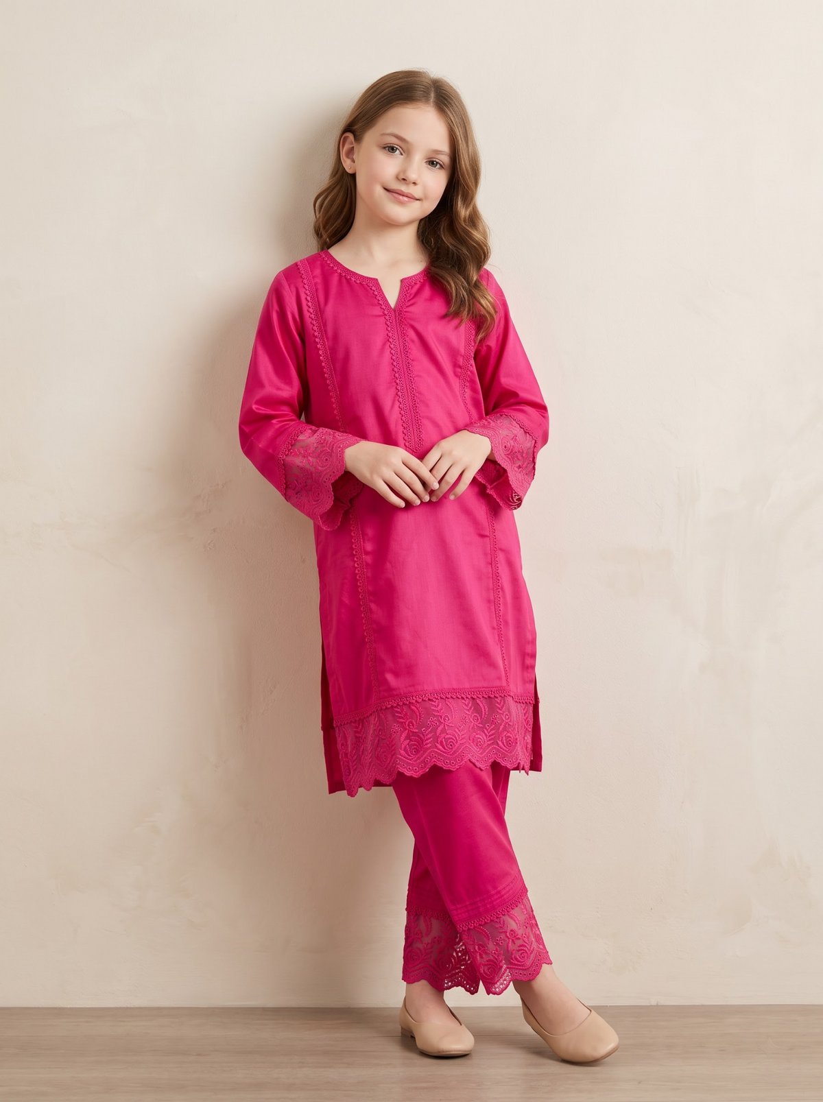 Girls red cotton lace work kurti set 1770 Red front view