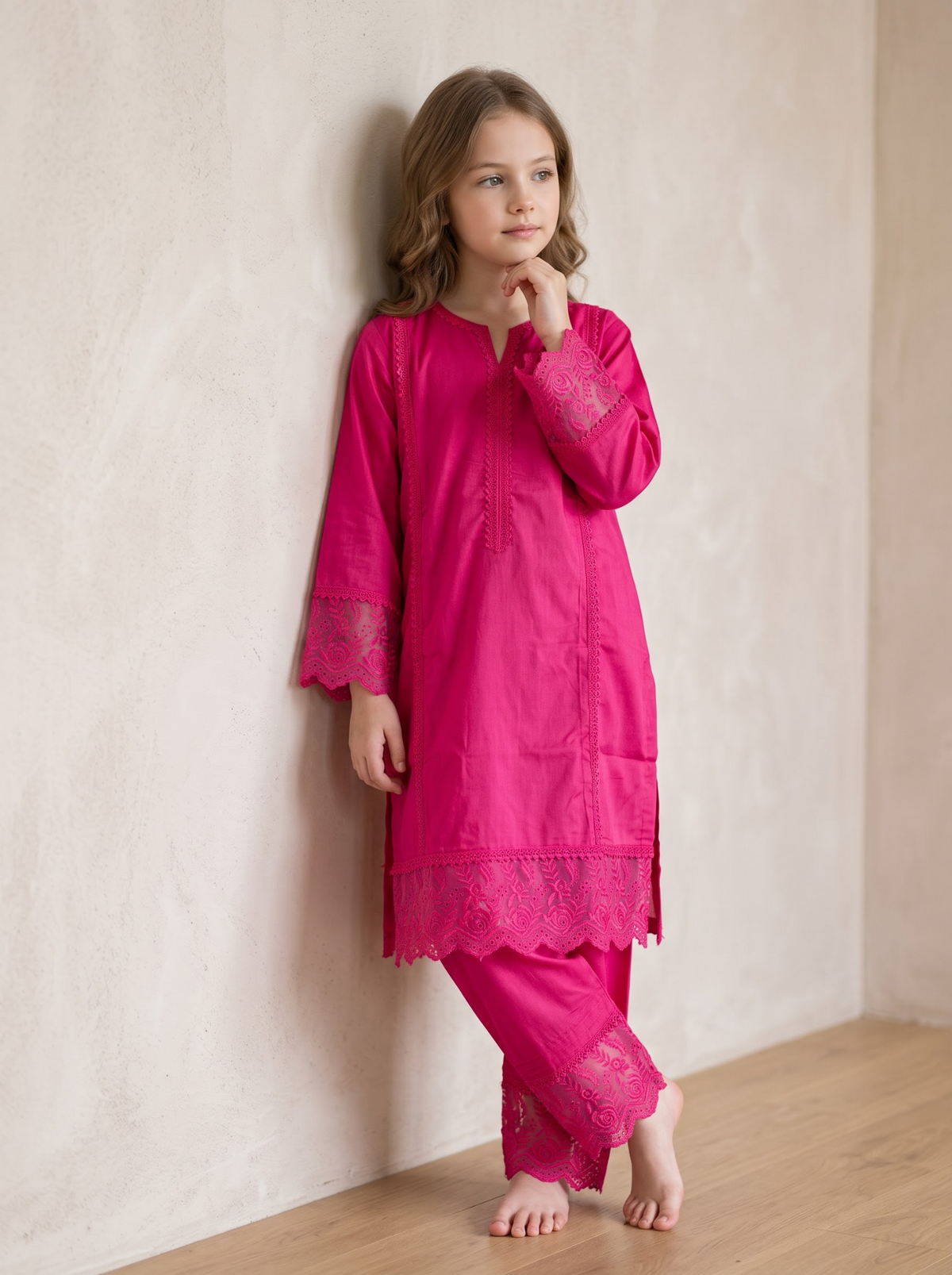 Girls red lace work kurti set 1770 Red pose