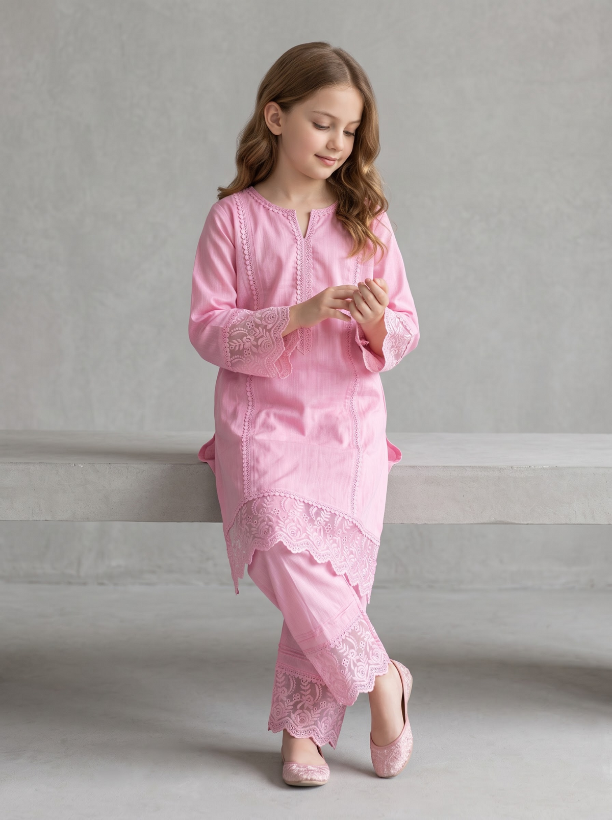 Girls pink cotton lace work set 1771 Pink seated pose