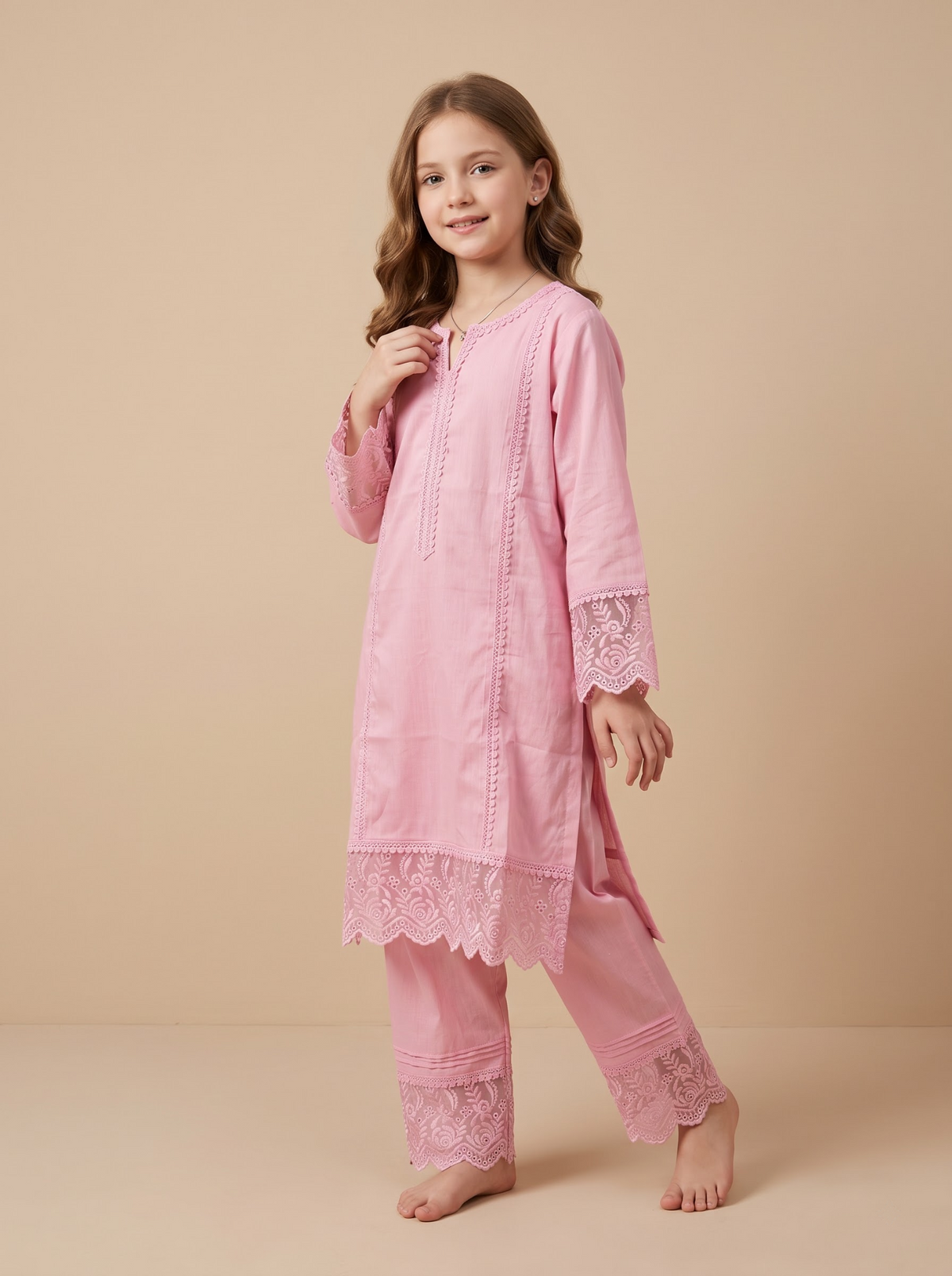 Girls pink cotton lace work set 1771 Pink full length pose
