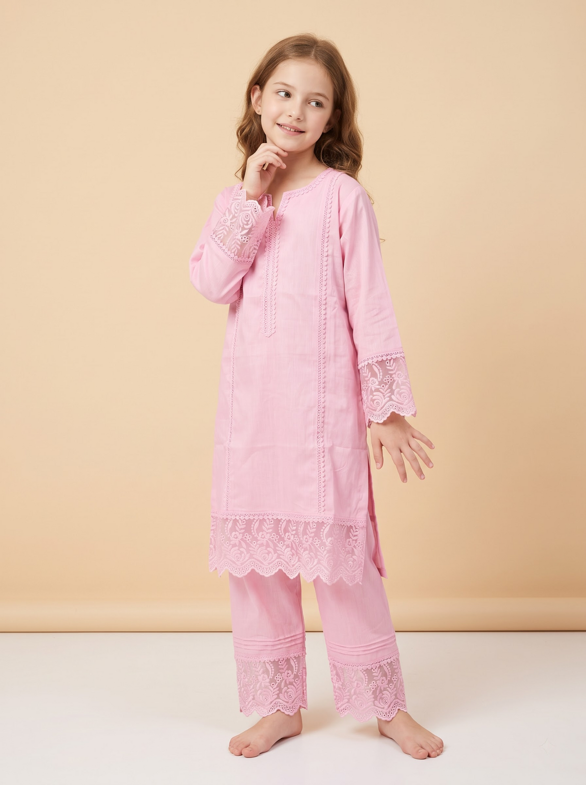 Girls pink cotton lace work set 1771 Pink studio pose